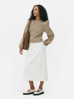 Blusa Fruncida De Cuadros De Manga Larga