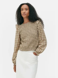 Blusa Fruncida De Cuadros De Manga Larga