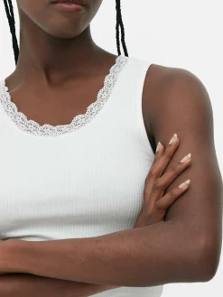 Camiseta Sin Mangas Acanalada Con Ribetes De Encaje