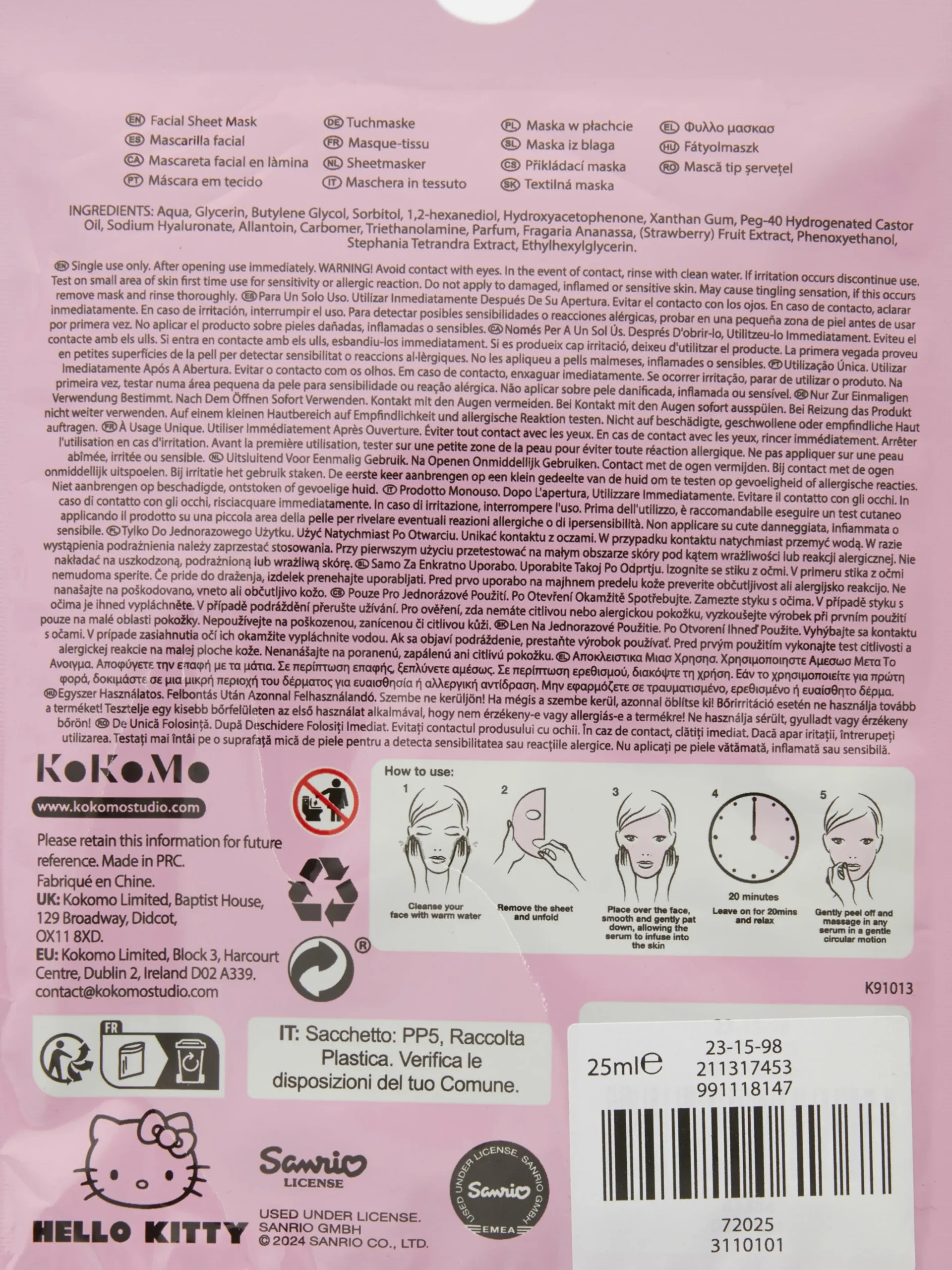 Mascarilla Facial De Hello Kitty