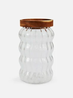 Tarro De Vidrio Estriado Con Tapa De Madera