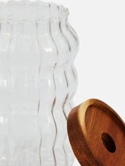 Tarro De Vidrio Estriado Con Tapa De Madera