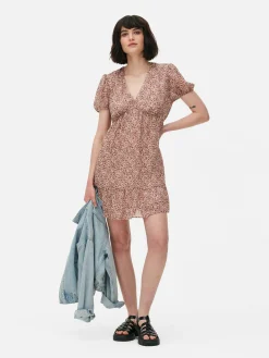 Vestido Corto De Gasa Con Mangas Abullonadas