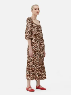 Vestido Midi De Leopardo Con Escote Cuadrado